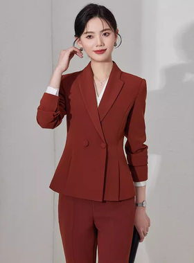砖红色西装套装女春秋职业装酒店前台工作服正式场合正装西服套裤