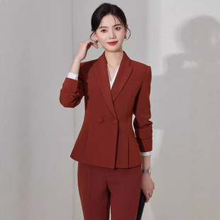 砖红色西装套装女春秋职业装酒店前台工作服正式场合正装西服套裤