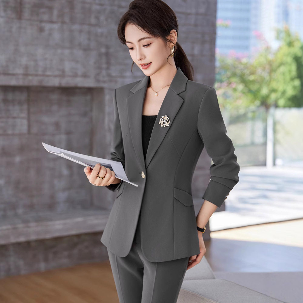 深灰色长袖小西装领外套女裤子职业时尚两件套装春秋冬季工作服潮