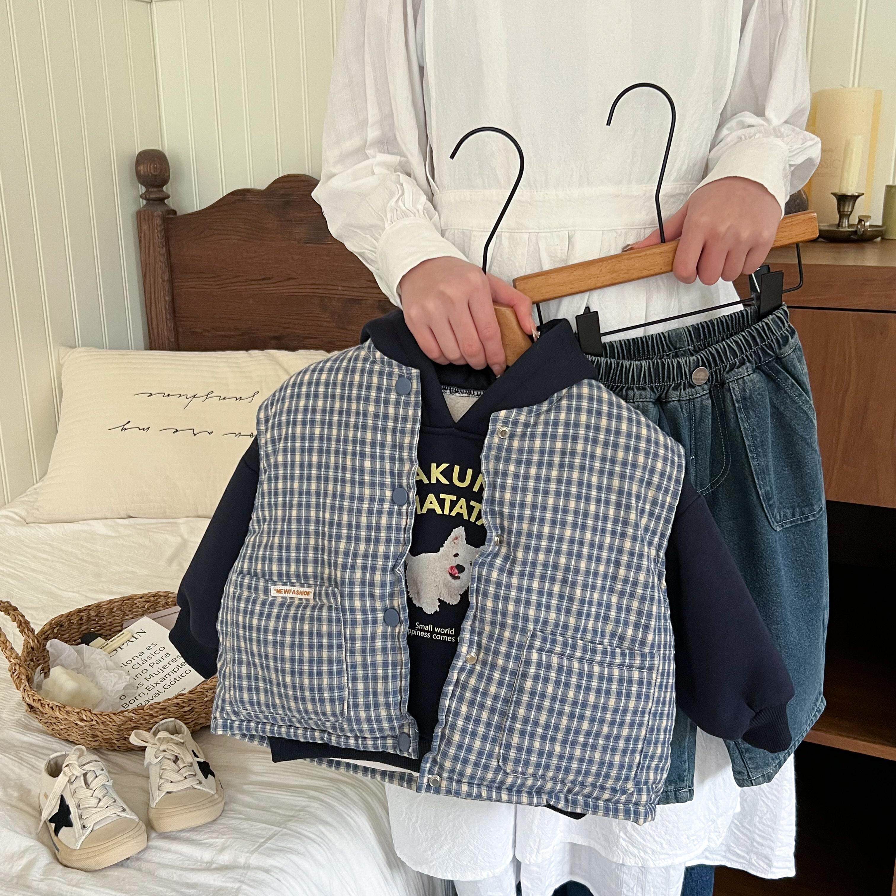 韩国儿童休闲保暖羽绒棉格子马甲冬装男童棉衣外套女童格子坎肩潮