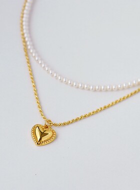 Y家原创珍珠爱心叠戴项链精致小众个性首饰气质心形吊坠锁骨链
