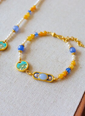 Y家中式时尚天然石滴油手链多色拼接小众个性百搭手饰可调节长度