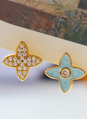 Y家原创蓝色四叶草欧美轻奢质感滴油锆石耳环简约百搭清新耳饰