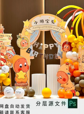 s152星星人主题宝宝宴生日派对背景小红书周岁宴设计素材ps