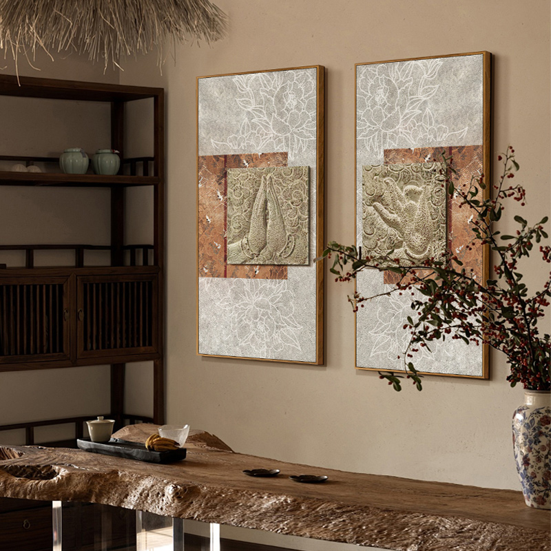 新中式茶室装饰画轻奢高级感背景墙禅意挂画玄关立体浮雕佛手壁画图片