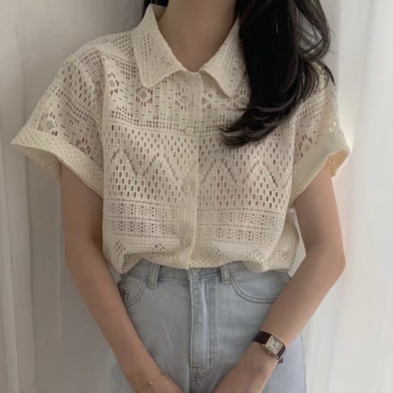 韩国chic夏季减龄小众设计感镂空polo领蕾丝短袖衬衣女泡泡袖上衣