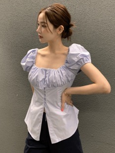 显瘦后背系带泡泡袖 衬衫 减龄复古气质单排扣方领修身 韩国chic夏季