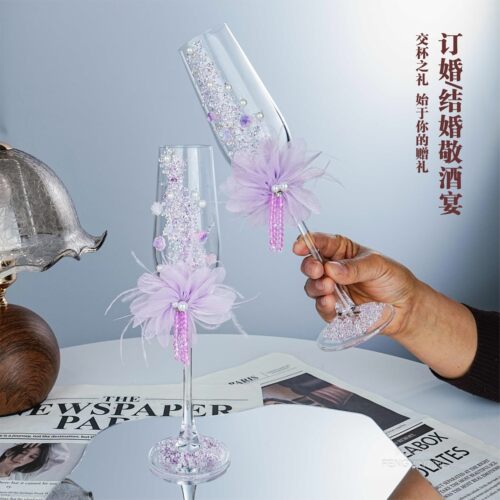 婚礼香槟杯新婚礼物轻奢高档敬酒杯diy法式高脚杯酒杯一对送新人