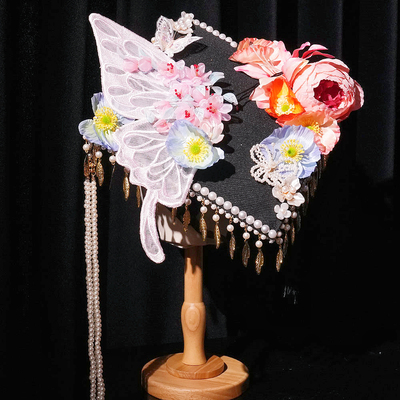 紫色学士帽簪花装饰成品diy手工材料包新中式汉服硕士帽毕业帽子