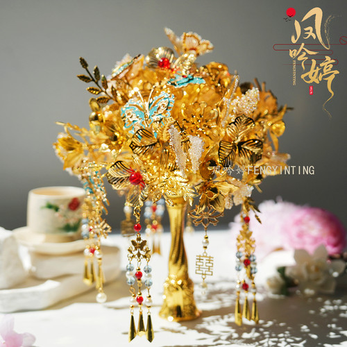 金色手捧花新娘中式闺蜜婚礼高级手工制作结婚礼物DIY材料包成品