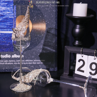 新人结婚敬酒杯diy一对高脚杯材料包银色满钻手工礼物结婚礼物