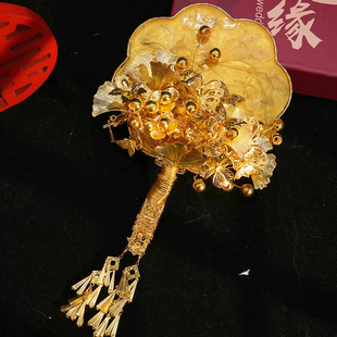 黄金色手捧花新娘结婚团扇礼物婚礼diy新婚秀禾闺蜜高级中式权杖