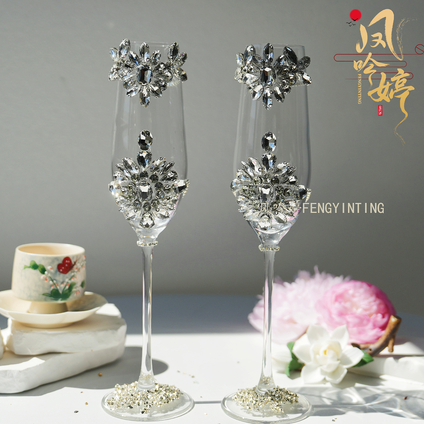 创意结婚敬酒杯新人一对香槟高脚杯碎钻diy手工制作交杯高级装饰
