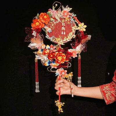 非遗绒花中式婚礼新娘结婚团扇闺蜜新婚礼物高档材料包重工喜扇
