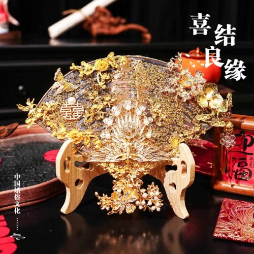 团扇diy高级金色晨袍重工手工自制喜扇新娘结婚秀禾扇材料包送礼