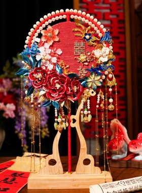新娘团扇结婚秀禾服高级红色双面diy材料包喜扇重工结婚扇子缠花