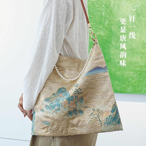 原创自制国风新中式千里江山图单肩腋下包禅意氛围小众布袋