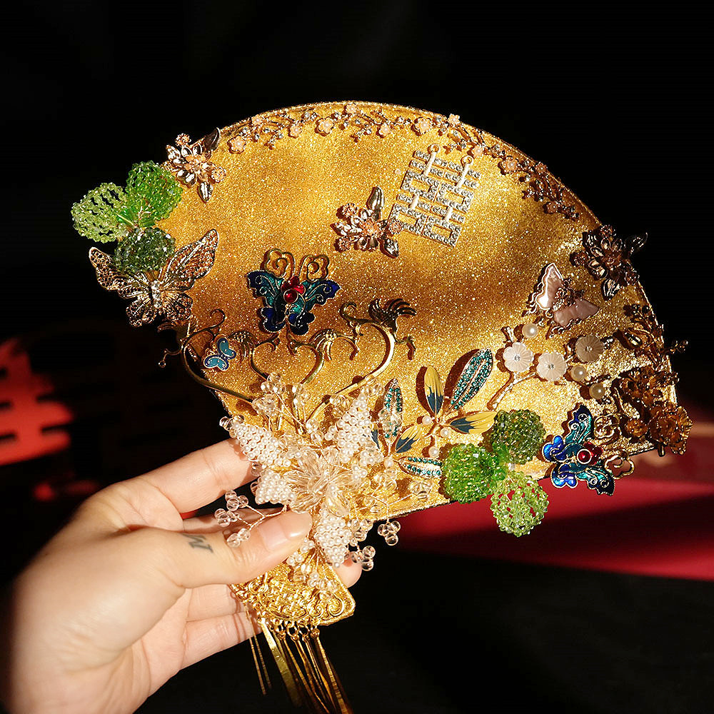 凤吟婷 扇子古风晨袍晨拍照道具旗袍折扇网红结婚新娘金色团扇