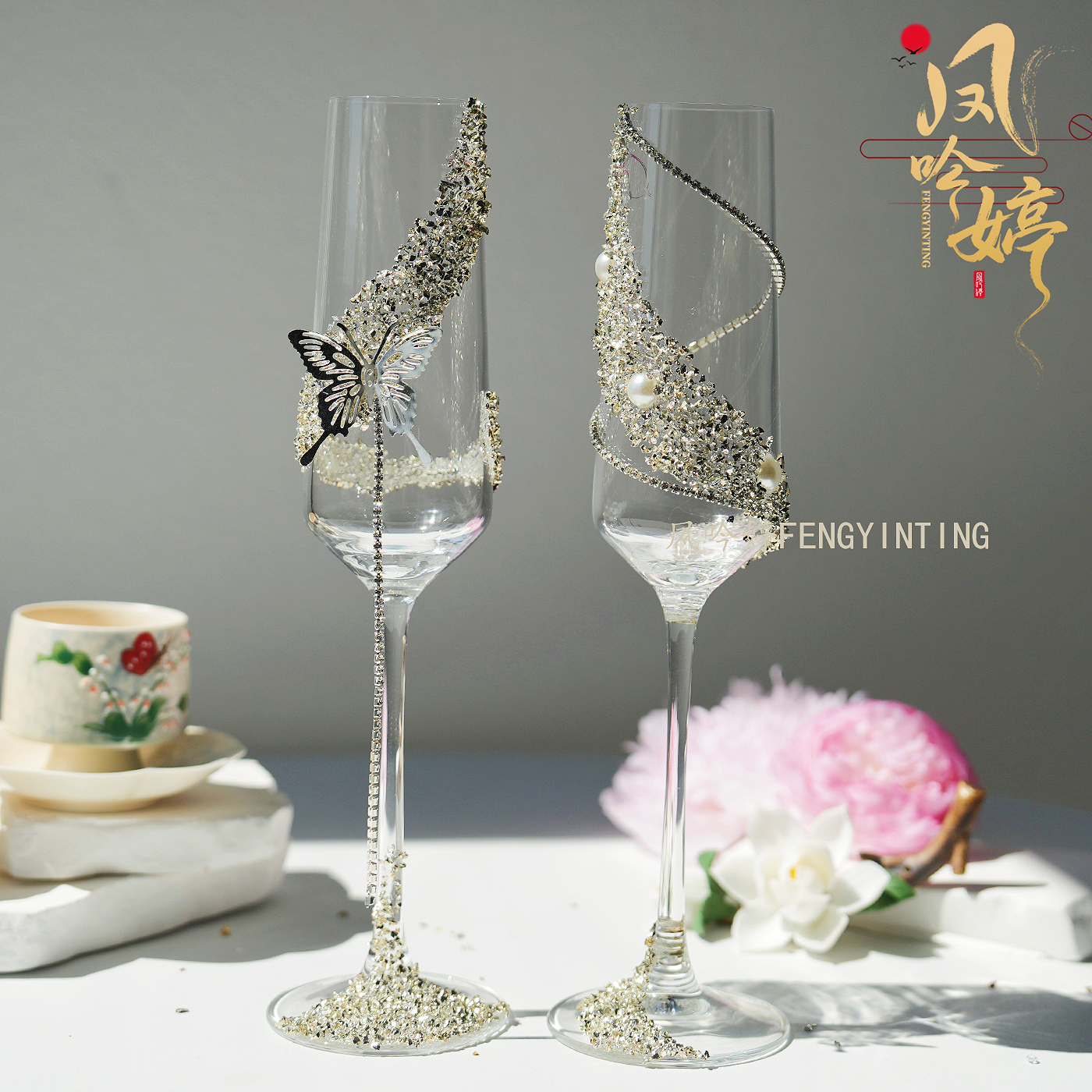 碎钻结婚敬酒杯diy一对高脚杯材料包高级手工新娘礼物结婚礼物