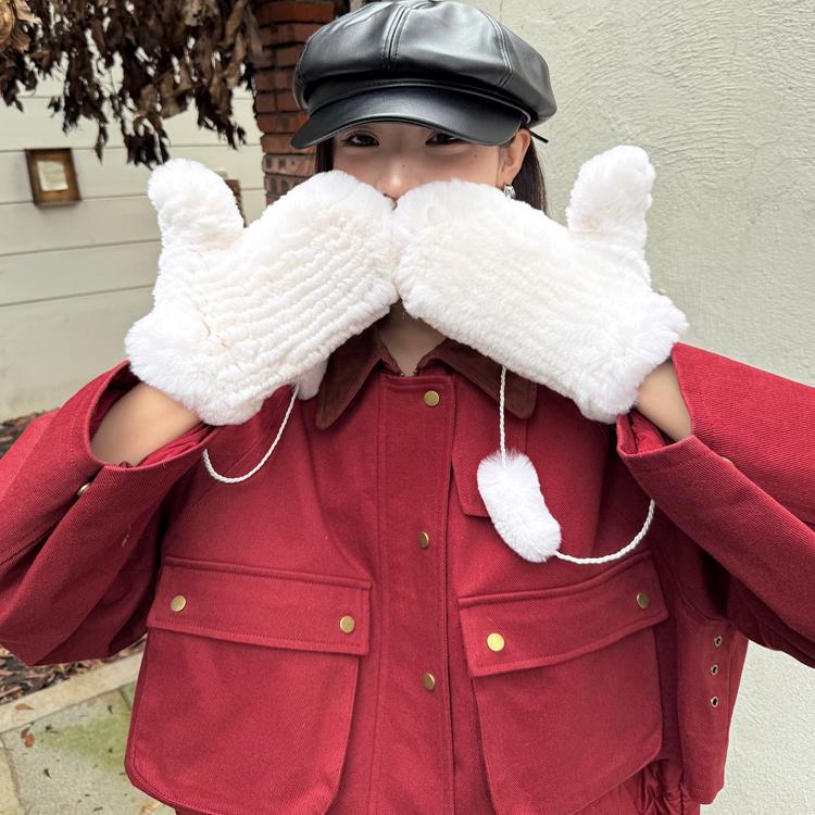 大姐姐同款可爱獭兔毛挂脖连指保暖皮草手套女士冬天加厚真毛手套