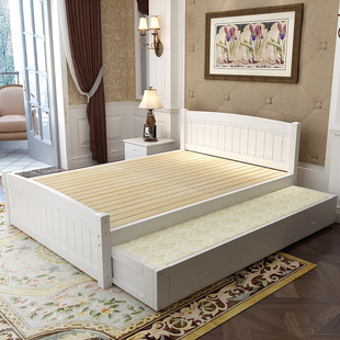 白色抽屉床儿童床高低床带拖床松木实木15米拖床气箱储物现代简约