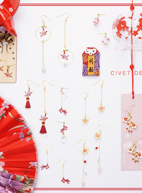 红色可爱古风不对称无耳洞耳环女纯银简约学生国潮千纸鹤长款耳夹