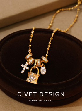 拉丝跑环十字架锁包s925银项链女时尚精致气质小众设计轻奢高级感