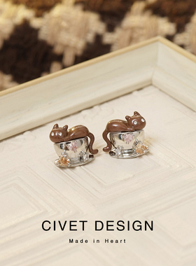 原创猫咪咖啡耳环可爱甜美雅丹风纯银耳钉小众设计感无耳洞耳夹女
