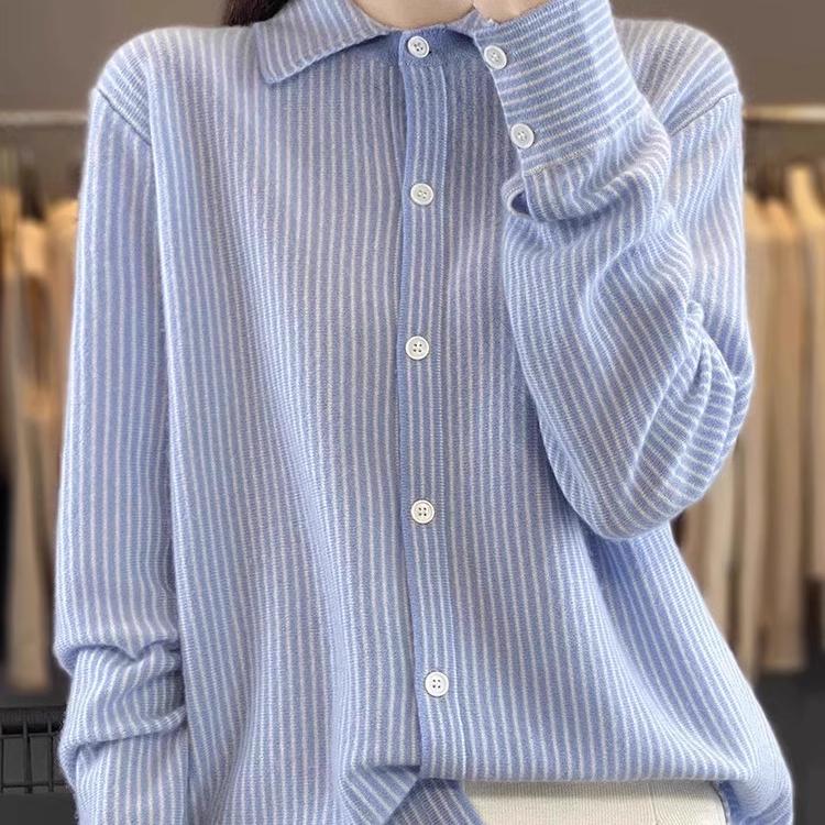 2024秋季新款针织开衫女polo领韩版叠穿条纹衬衫显瘦气质毛衣外套