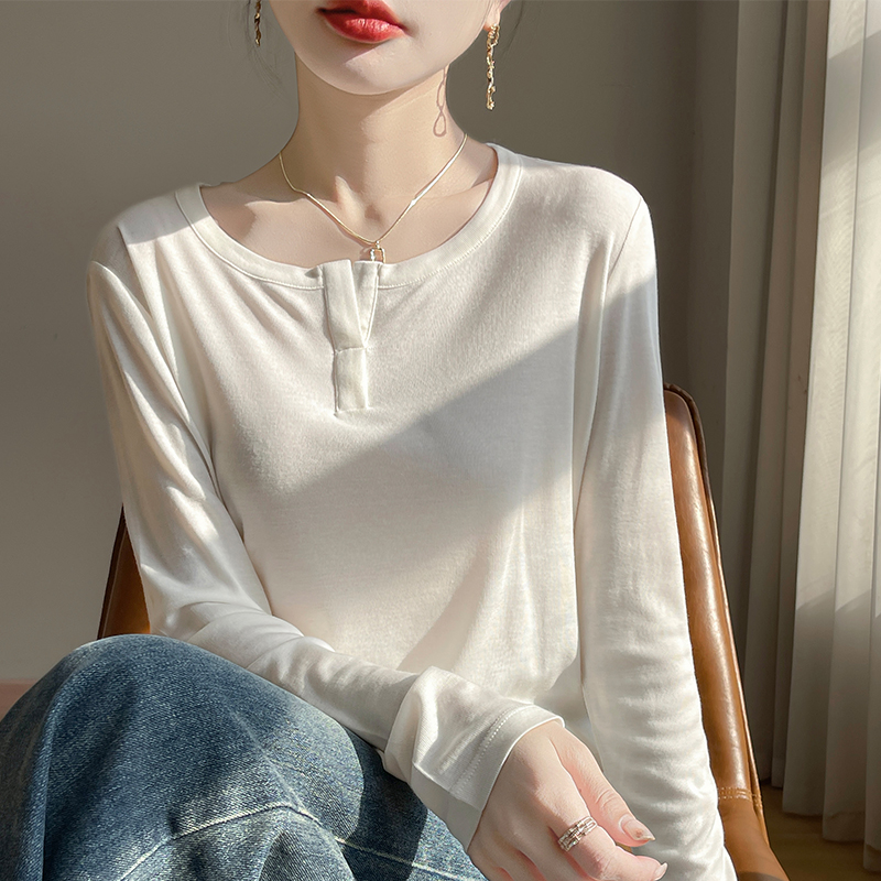 2025春季新款简约半开V领薄款针织T恤女宽松显瘦长袖打底上衣小衫