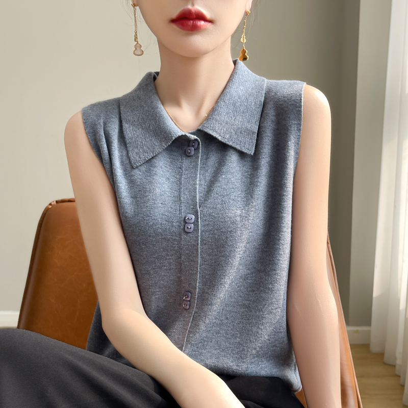 法式无袖休闲背心女2025年春秋新款POLO领无袖针织开衫打底衫休闲