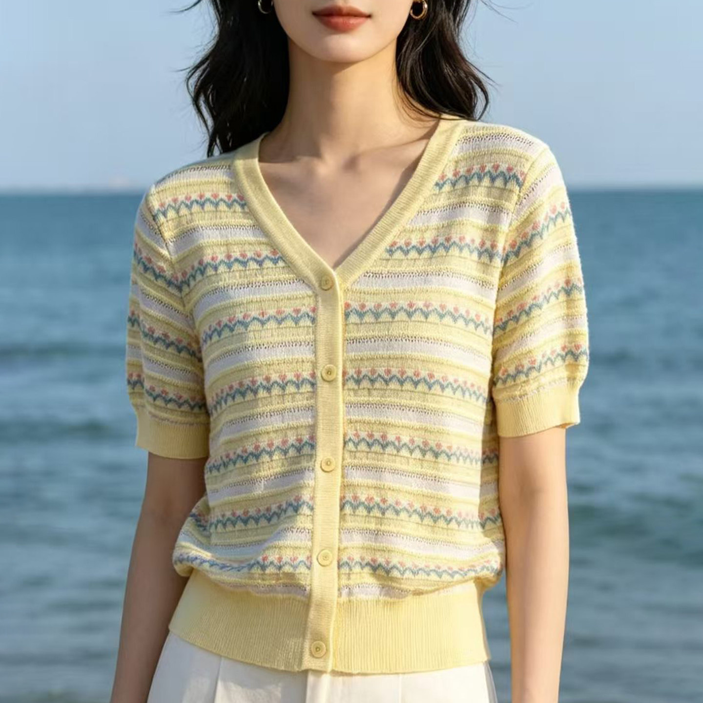小香风薄款V领条纹针织开衫女短袖黄色显瘦百搭上衣天丝软糯夏季