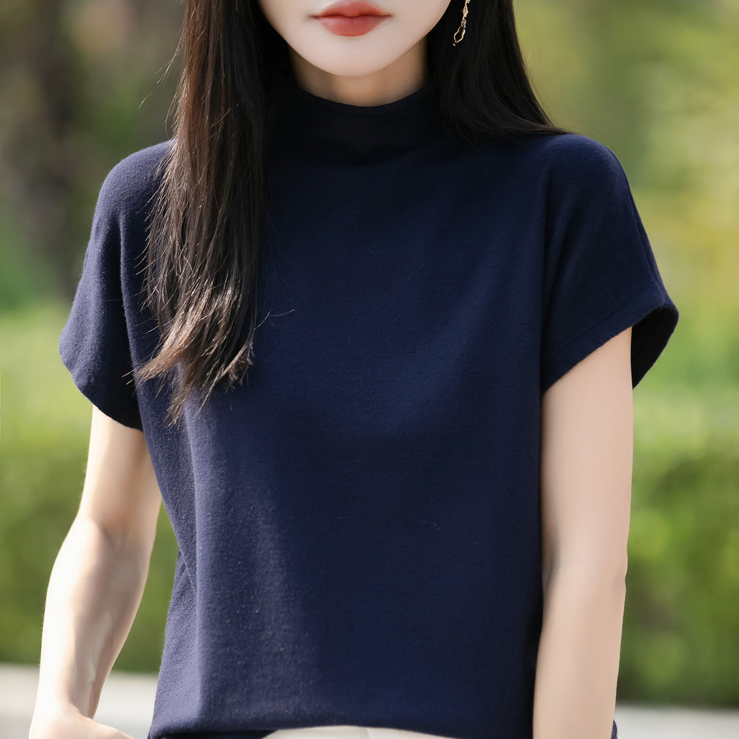 半高领针织小飞袖T恤女打底衫2025新款内搭无袖精仿薄款早秋上衣