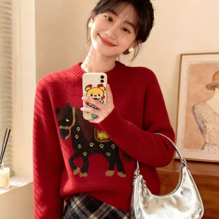 秋冬女士卡通加厚红色毛衣女款2026新款冬季本命年过年针织打底衫