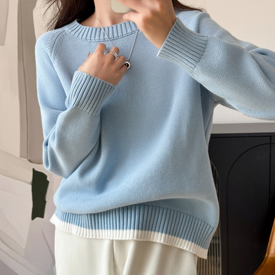 法式高端圆领纯棉针织衫女2025新款宽松显瘦长袖打底衫加厚毛衣