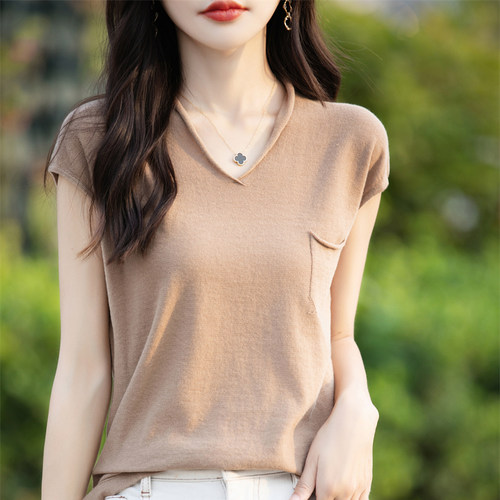 100%纯棉线针织t恤女夏季薄款V领上衣打底百搭宽松包肩女装背心