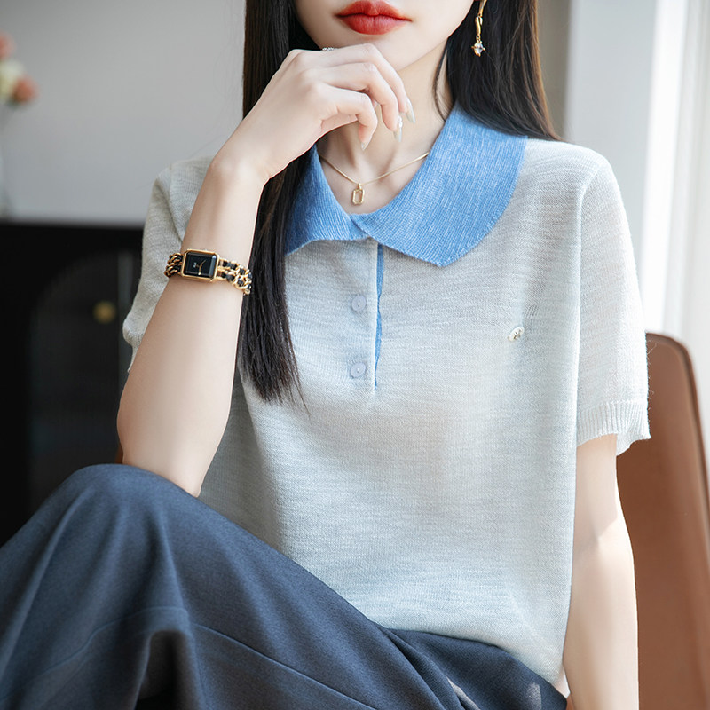 法式撞色条纹冰丝POLO领针织短袖T恤女薄款透气短款正肩翻领上衣