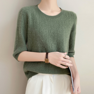 夏季新款安迪绒圆领桃空七分袖短袖女宽松百搭半袖针织衫纯色上衣