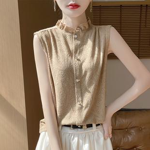 优雅木耳领无袖衬衫女精仿重工钩花荷叶边领叠穿内搭针织打底上衣