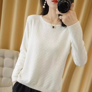 开叉镂空勾花线衣女 短款 100%全棉线针织上衣女圆领套头长袖 针织衫