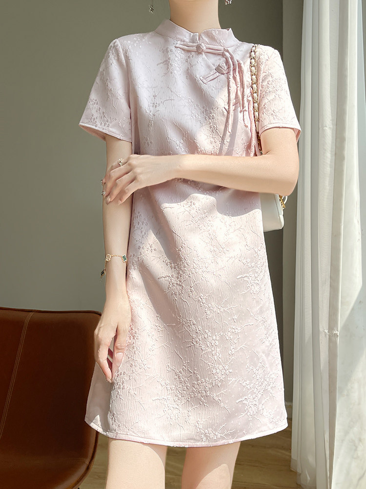 중공업 자카드 데일리 젊은 아세테이트 새틴 치파오 드레스 여성 여름 복고풍 새로운 중국 스타일 반팔 드레스