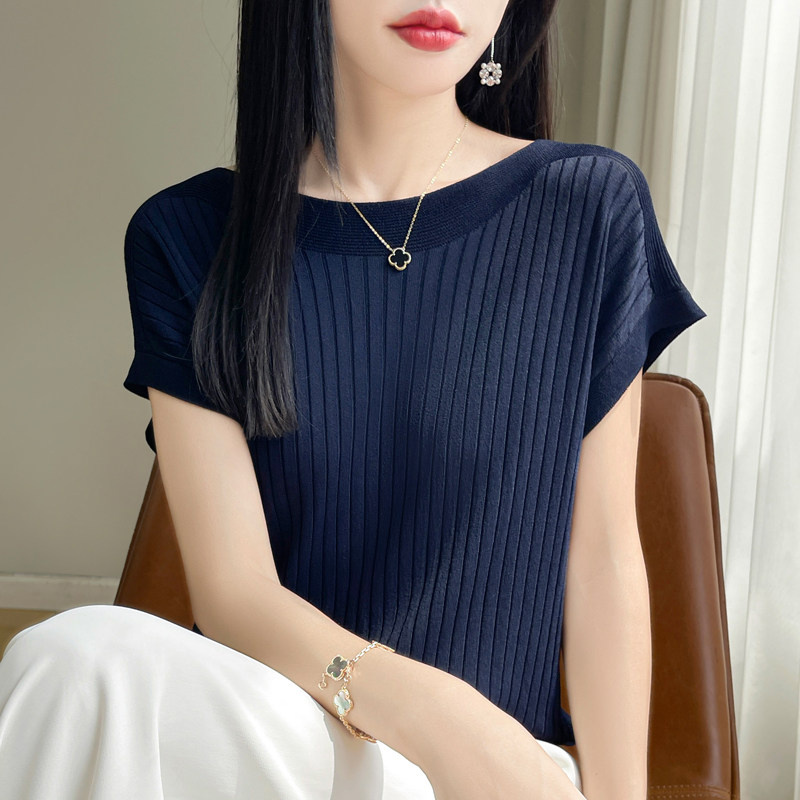 一字领冰丝针织短袖女春夏薄款外穿百搭t恤上衣2026新款宽松版型