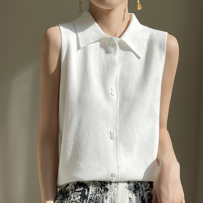 叠穿衬衫领无袖羊毛背心女西装 开衫内搭翻领针织砍袖打底衫上衣