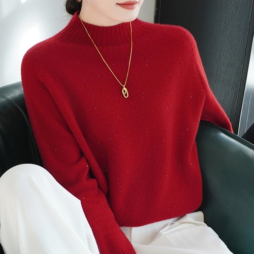 重磅加厚无缝半高领100羊毛衫女2024冬季保暖内搭针织亮片毛衣韩