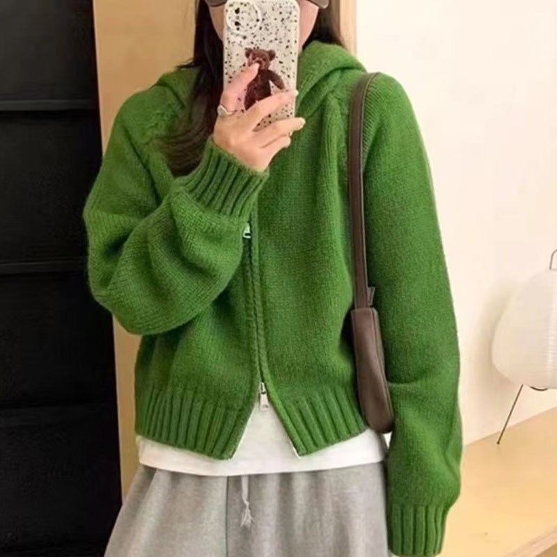 春秋2025新款韩系英伦风毛衣外套高级感双拉链连帽针织开衫上衣