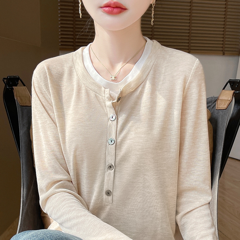 春秋新款圆领半开领假两件针织羊毛打底衫女长袖套头宽松显瘦上衣