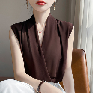 内搭雪纺交叉白色衬衫 法式 t恤V领吊带背心女西装 无袖 衬衣上衣 夏季