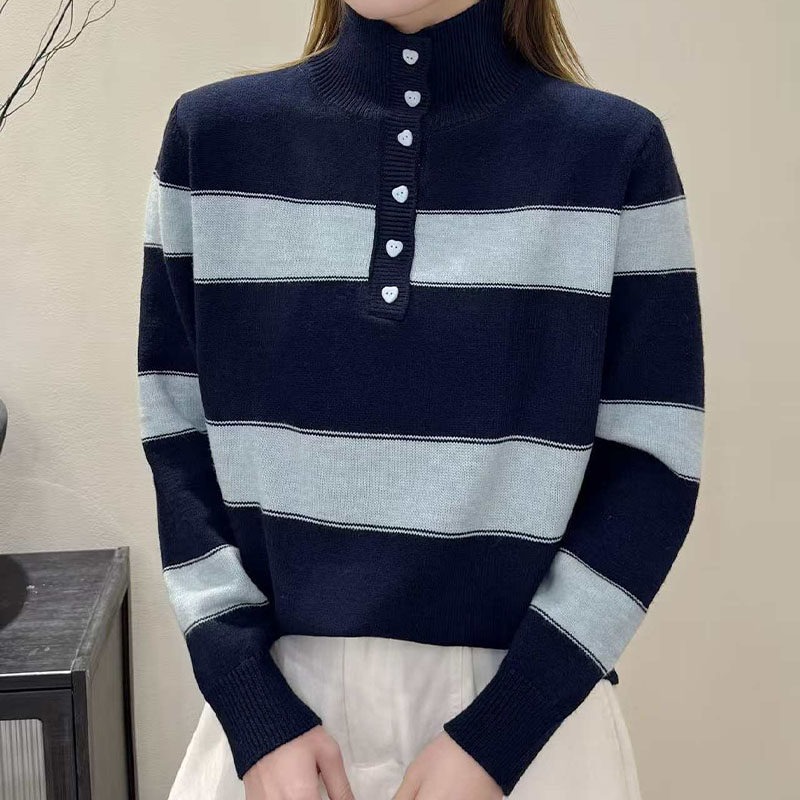 时髦减龄爱心纽扣秋冬软糯高领毛衣女韩系条纹色加厚套图针织衫