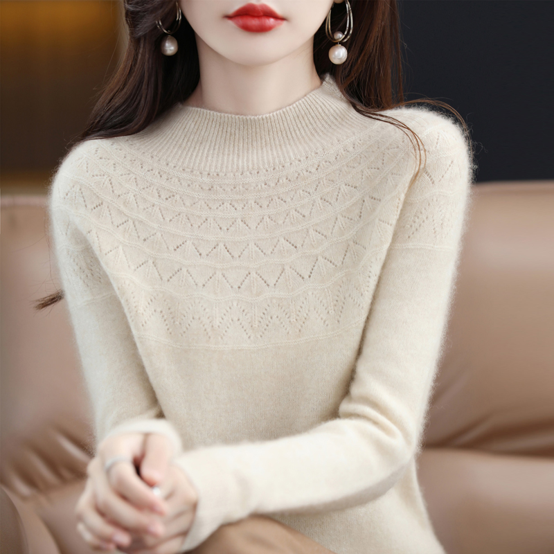 断码清仓新羊绒衫女100纯羊绒秋冬镂空时尚半高领羊毛针织打底衫