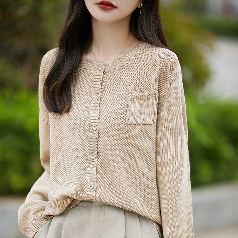 2025秋慵懒风纯棉线针织开衫女外套圆领毛衣长袖复古宽松显瘦上衣